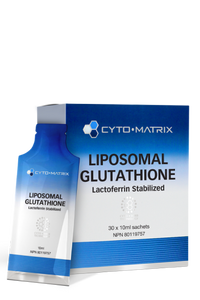 Cyto-Matrix liposomal glutathione supplement sachets packaging, blue and white box and pouch