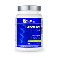 Green tea veggie capsules bottle, white cap, blue label with CanPrev and EGCG