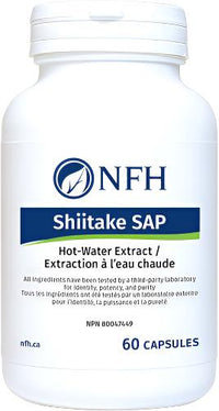 NFH Shiitake SAP supplement bottle, 60 capsules, white bottle with blue label