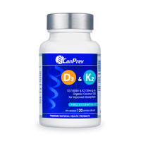 CanPrev D3 & K2 organic coconut oil supplement bottle, 120 softgels
