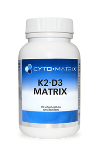 Cyto-Matrix K2-D3 supplement bottle, white cap; label reads 90 softgels