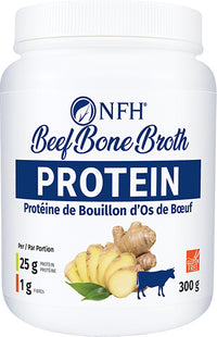 NFH beef bone broth protein powder bottle, white with blue label, 300 g