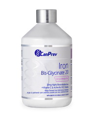 Iron bis-glycinate liquid supplement bottle with silver cap and women label