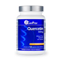 Quercetin 500mg supplement bottle with blue label, 120 veggie capsules
