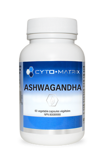 White supplement bottle labeled Cyto-Matrix Ashwagandha, 60 veggie capsules.