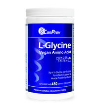 Vegan L-Glycine amino acid powder container, white cap, blue label