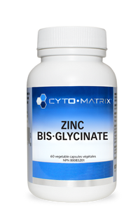 Zinc bis-glycinate supplement bottle, 60 veggie capsules, white cap