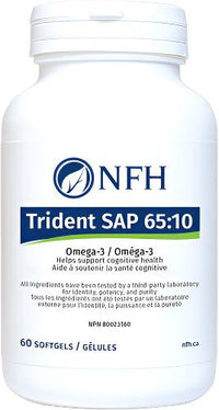 White supplement bottle with NFH Trident SAP 65:10 label and 60 softgels text