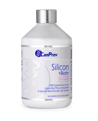 CanPrev Silicon + Biotin liquid bottle, white with silver cap and blue label