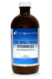 Liquid supplement bottle with white cap and blue label reading Cal-Mag + 1000IU Vitamin D3