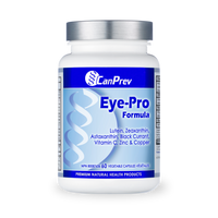 CanPrev Eye-Pro supplement bottle with white and blue label, silver cap