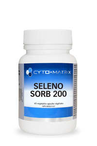 Seleno Sorb 200 veggie capsule supplement bottle with white cap and blue label