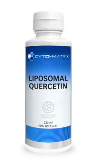 Liposomal quercetin supplement bottle with blue label and white cap, CYTO-MATRIX