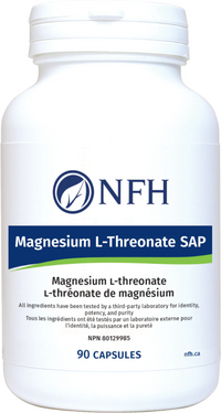 Magnesium L-threonate supplement bottle with NFH label, 90 capsules