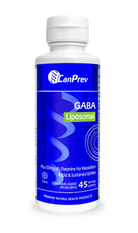Liposomal GABA supplement bottle with blue label and white cap