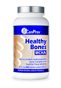 Health supplement bottle, silver cap, blue 'Healthy Bones MCHA' label