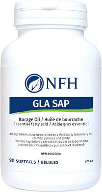 GLA SAP softgel bottle with NFH logo; '90 softgels' on label.