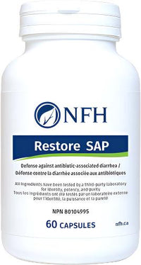 NFH Restore SAP supplement bottle, white with blue label, 60 capsules