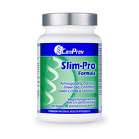 White supplement bottle with blue label reading Slim-Pro Formula, silver cap