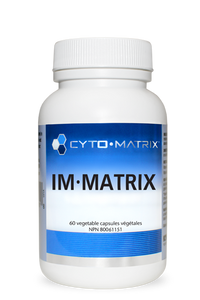IM-Matrix veggie capsule supplement bottle, white cap and blue label, Cyto-Matrix brand