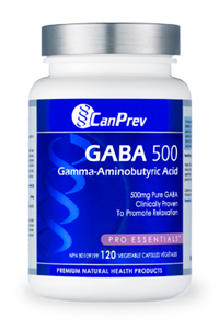 GABA 500 veggie supplement bottle with blue label and 120 capsules