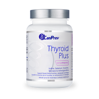 CanPrev Thyroid supplement bottle with silver cap and blue label, white plastic.