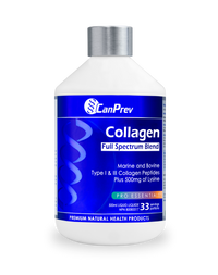 Collagen liquid supplement bottle with CanPrev label, blue cap, 500 ml