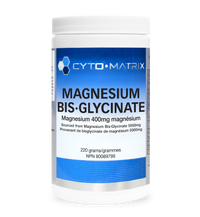 Cyto-Matrix magnesium bis-glycinate powder bottle, white with blue label, 220 g