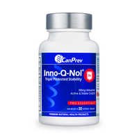 CanPrev Inno-Q-Nol® 100mg supplement bottle with white cap and blue front label.