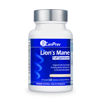 Dietary supplement bottle with Lion's Mane Full Spectrum label, silver cap, white bottle