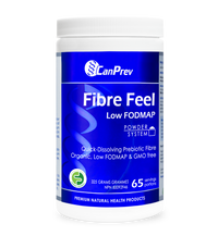 CanPrev Fibre Feel probiotic powder tub, white lid and blue label