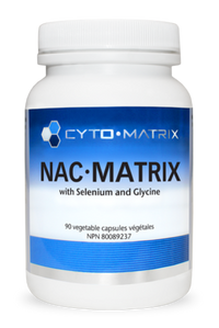 NAC-Matrix veggie capsule supplement bottle, white with blue label and CYTO-MATRIX logo.