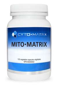 Vegetable supplement bottle with white cap and blue label: Cyto-Matrix Mito-Matrix