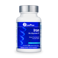 CanPrev Iron bis-glycinate supplement bottle with white cap, veggie capsules label