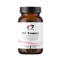 Supplement bottle with black cap and blue-and-red label