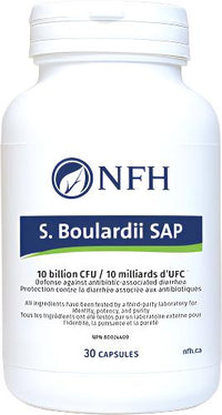 NFH S. Boulardii SAP probiotic supplement bottle, white label, 30 capsules