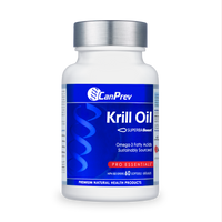 CanPrev krill oil supplement bottle, blue label, silver cap; 60 softgels
