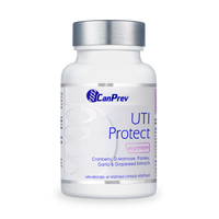 CanPrev UTI Protect women's veggie capsule supplement bottle, white label, silver cap