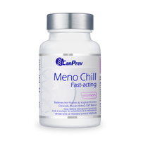 CanPrev Meno Chill supplement bottle with white label and silver cap