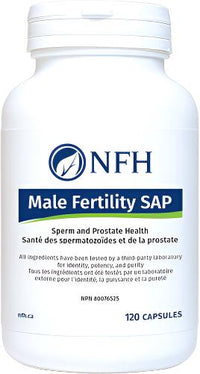 NFH male fertility supplement bottle, white with blue label reading Male Fertility SAP