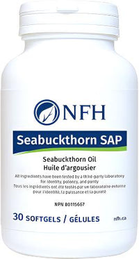 NFH Seabuckthorn SAP softgels bottle, white with blue and green label text