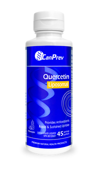CanPrev liposomal quercetin supplement bottle with blue label, white cap