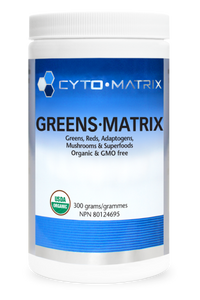 Cyto-Matrix Greens-Matrix supplement powder jar, white container with blue label
