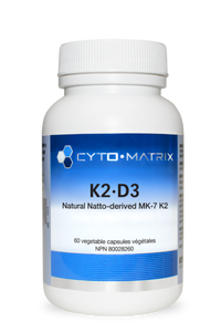 Cyto-Matrix K2-D3 supplement bottle with white cap and blue label, 60 veggie caps