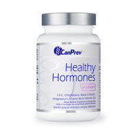 CanPrev Healthy Hormones supplement bottle with blue and purple label, white cap