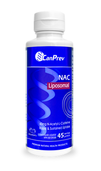 CanPrev Liposomal NAC bottle, white with blue label and NAC text, 225ml