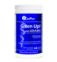 CanPrev Green Up! supplement powder container, white and blue label, 300 g