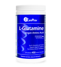 L-Glutamine vegan amino acid powder tub with white lid and blue CanPrev label