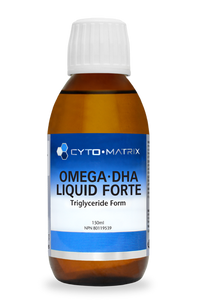 Cyto-Matrix Omega-DHA bottle with amber liquid, white cap, blue label, 150ml