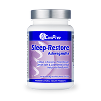 CanPrev Sleep-Restore Ashwagandha supplement bottle, white and purple label, 90 veggie caps